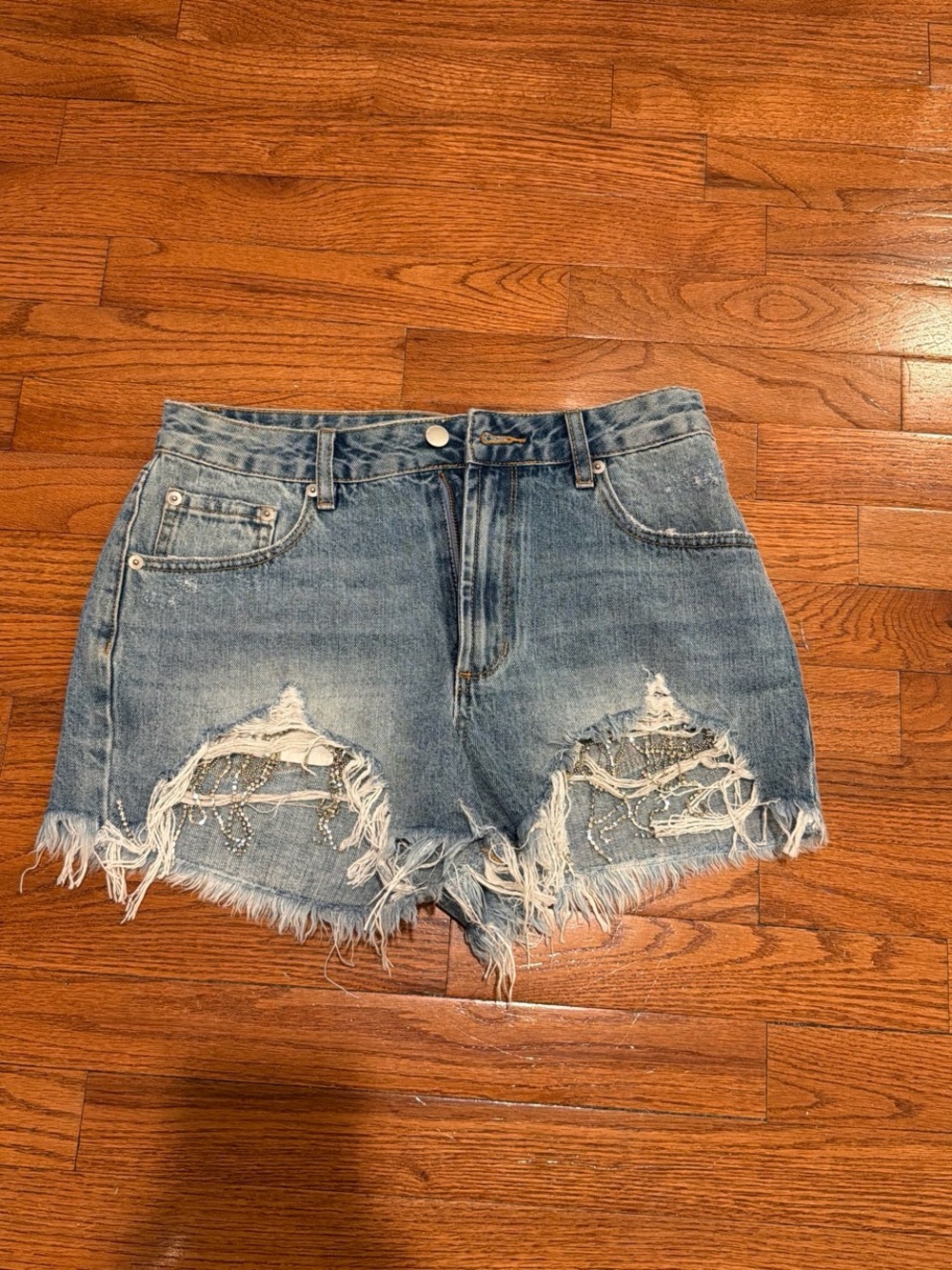 High-Rise Distressed Denim Shorts with Embellished Rips - Light Blue